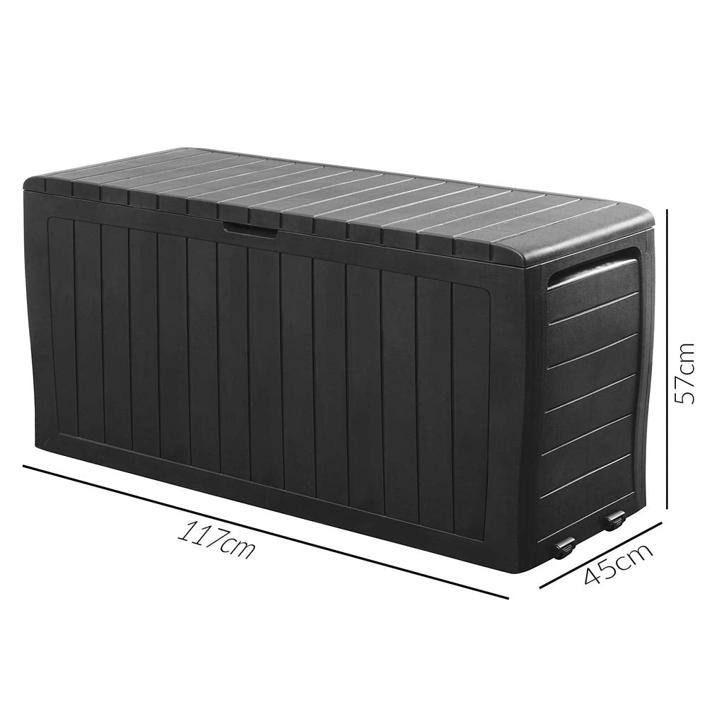 Deuba® Marvel+ Plus by KETER 270 Litre Outdoor 65% Recycled Garden Furniture Cushion Storage Box | Fade Free | Weather Resistant | Safe & Secure | Maintenance Free | Graphite Wood Effect Anthracite